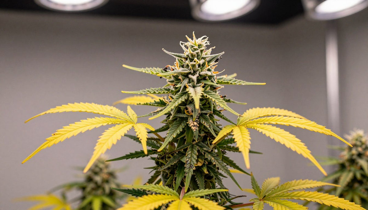 Cannabis Pflanze mit Anzeichen von zu viel Licht und Lichtstress