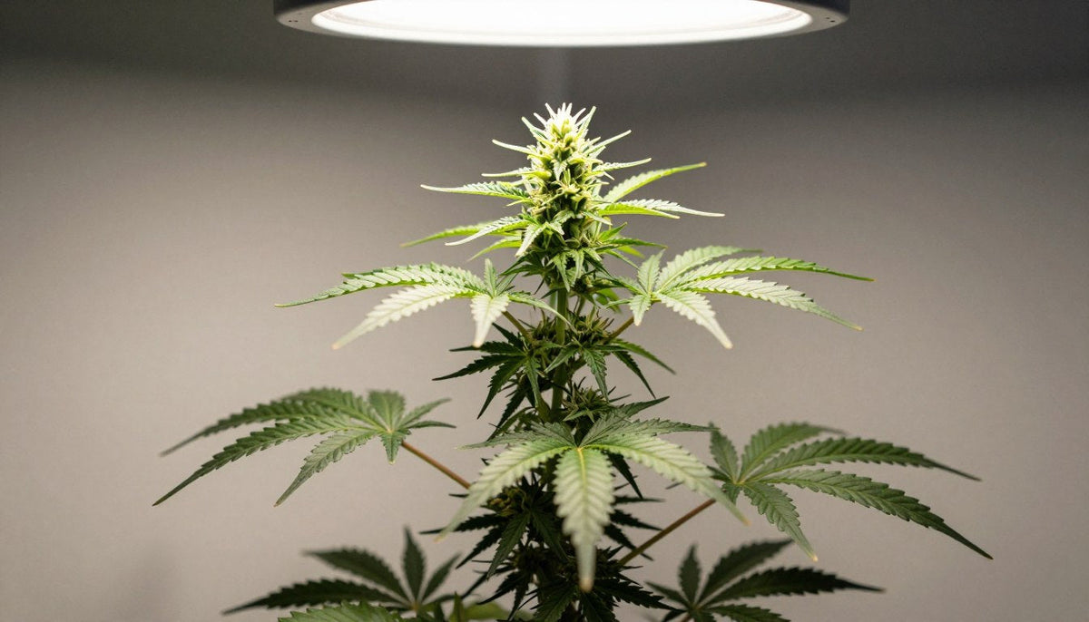 Cannabis Lichtzyklus Übersicht mit Pflanze unter Grow-Lampe