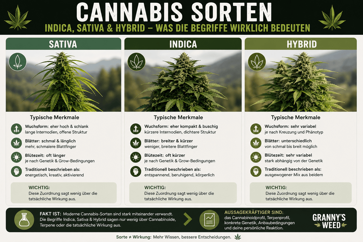 Cannabis Sorten: Indica, Sativa &amp; Hybrid – was die Begriffe wirklich bedeuten