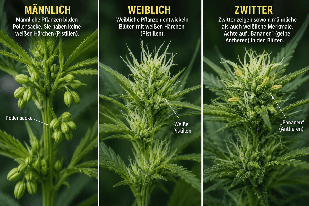Männliche Cannabispflanze erkennen: männlich, weiblich oder Zwitter?
