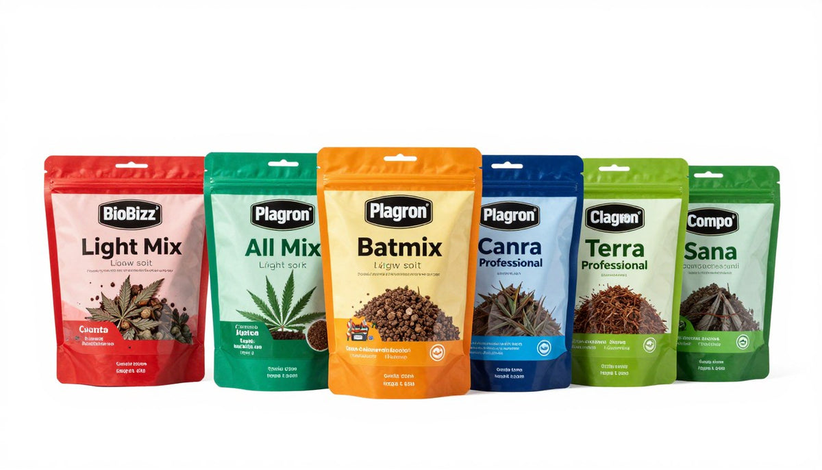 Verschiedene Grow Erde Produkte nebeneinander aufgereiht für den Vergleichstest