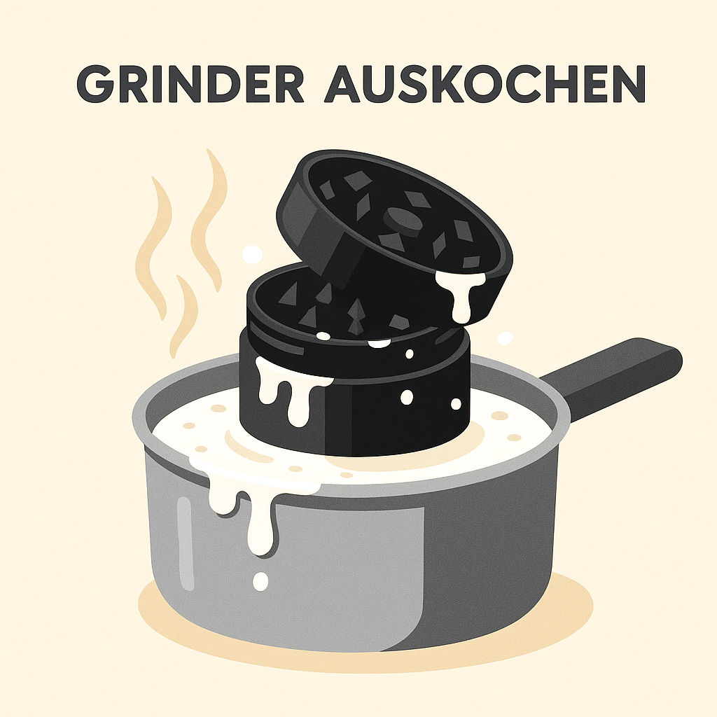 „Illustration eines schwarzen Metallgrinders, der in einem Topf mit Milch ausgekocht wird – symbolisiert DIY-Methode zum Cannabisharz-Lösen“