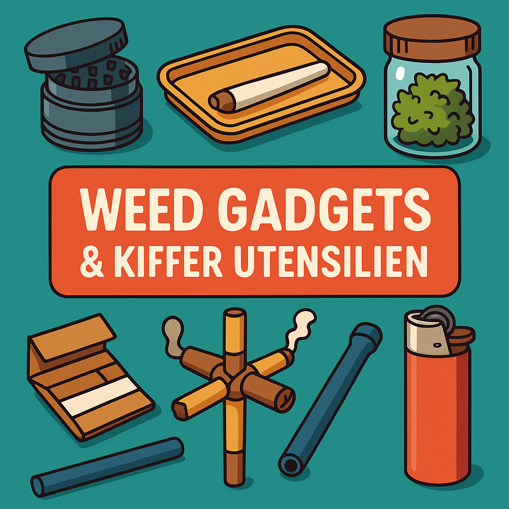 2D-Illustration mit verschiedenen Cannabis-Gadgets wie Grinder, Rolling Tray, Clipper Feuerzeug, Aktivkohlefilter, Baukreuz, Stash Jar und Pfeife, angeordnet als stilvolle Übersicht für Kiffer-Zubehör.
