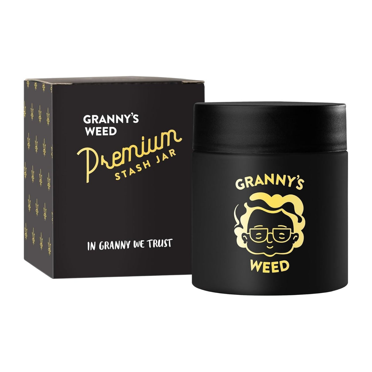 Ein schwarzes Vorratsglas und eine Schachtel mit der Aufschrift Grannys Weed Premium Stash Jar mit einem Cartoon-Granny-Gesicht und der Aufschrift In Granny We Trust in gelber Schrift.