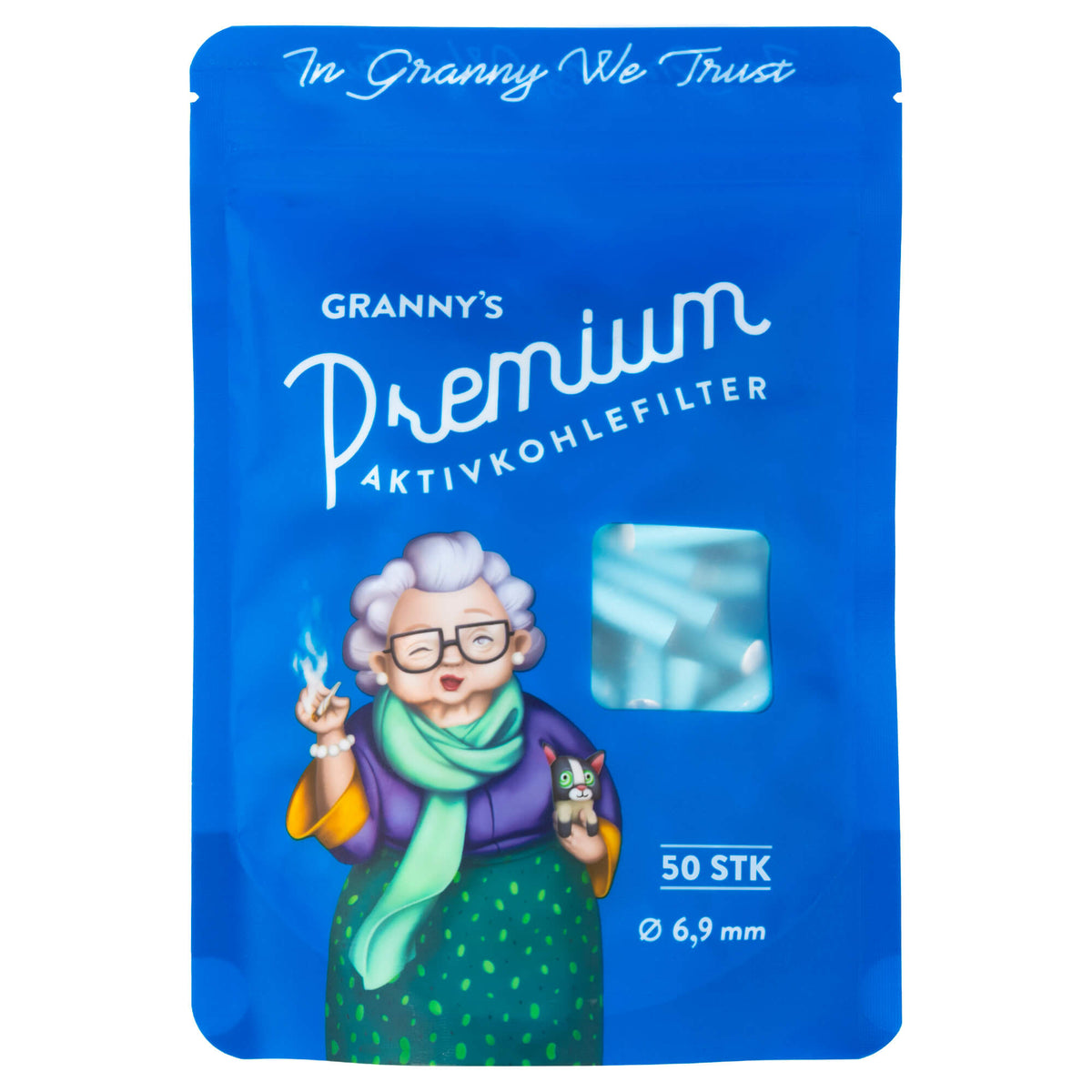 Eine durchsichtige Plastiktüte mit 50 blauen, zylindrischen Rauchfiltern mit der Aufschrift "Grannys Premium Smoking Filters" mit deutschem Text darüber und der Aufschrift "50 Pack" auf der Vorderseite.