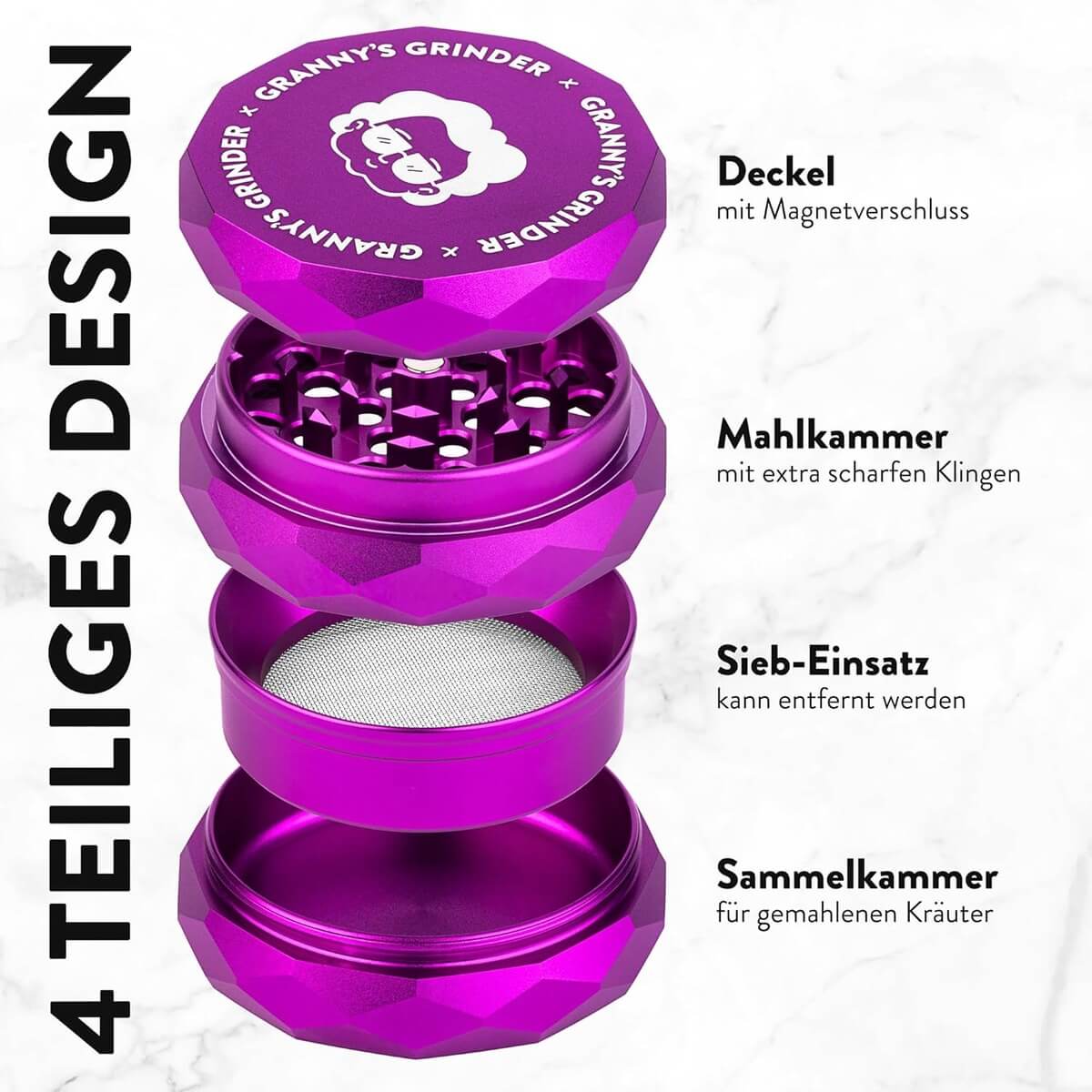 Eine vierteilige violette Kräutermühle mit deutscher Beschriftung, getrennten Teilen und folgenden Angaben: Deckel mit Magnetverschluss, Mahlkammer mit scharfen Klingen, herausnehmbares Sieb und Sammelkammer.