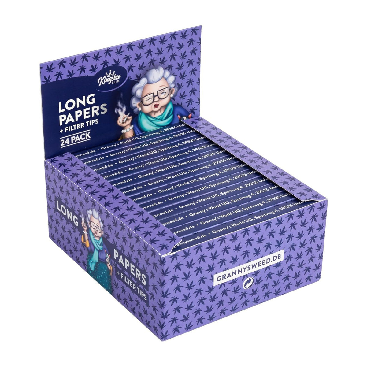 Eine lilafarbene Schachtel Granny's Weed Long Rolling Papers mit Filterspitzen, die eine rauchende Cartoon-Oma zeigen. Die Box zeigt 24 Packungen und hat ein Muster von Cannabisblättern.