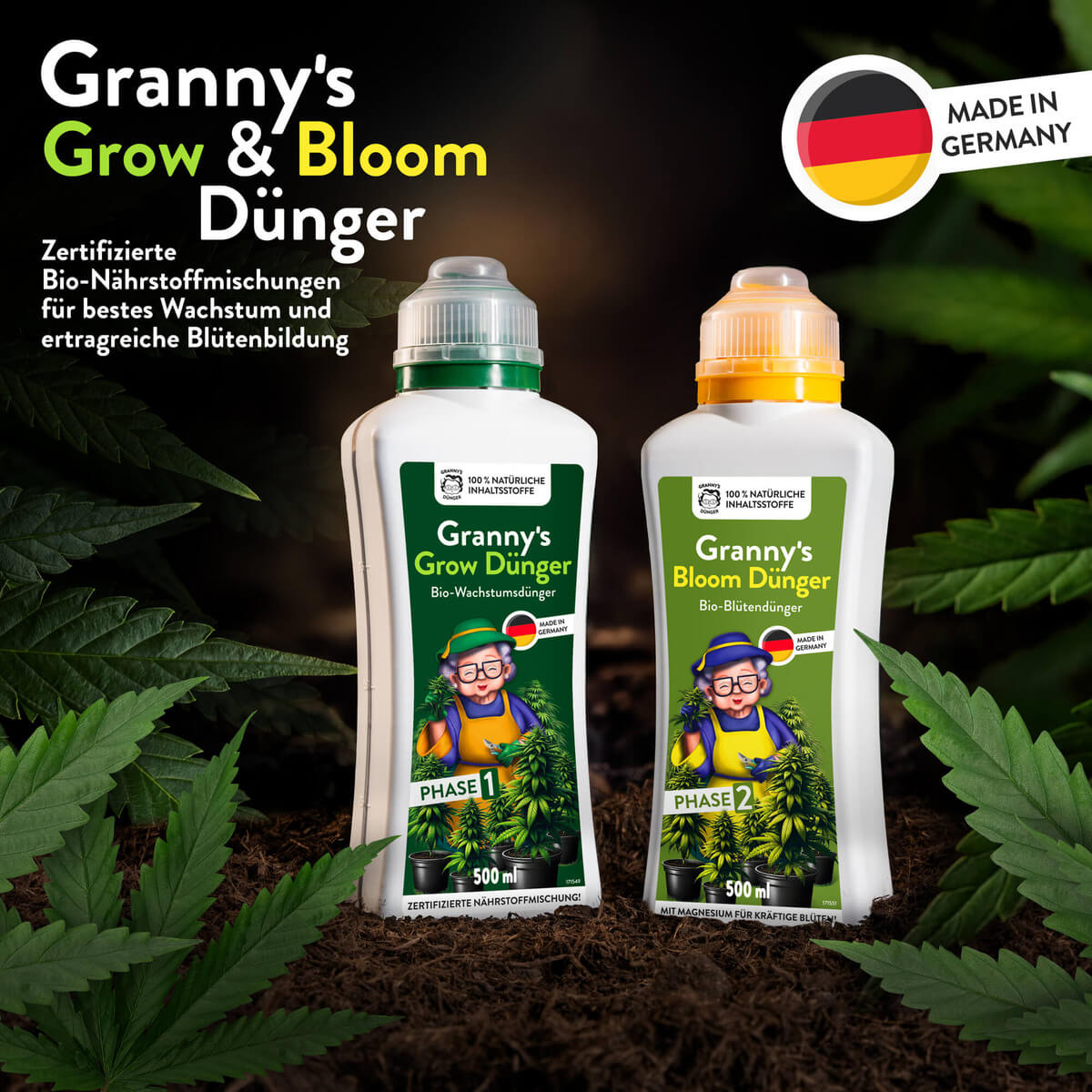 Zwei Flaschen Grannys Grow & Bloom Dünger mit grünem und gelbem Deckel, umgeben von Cannabisblättern. In der oberen rechten Ecke befindet sich ein Made in Germany-Etikett.