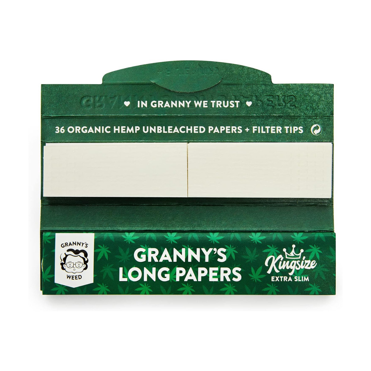 24x Granny's® Organic Long Papers ACHTUNG extra Slim aus Hanf mit Filtertips | King Size | 36 Blatt ungebleicht | 110 x 36 mm | 36 Tips aus Baumwolle | Sticky Papers mit Tips - Grannys Weed