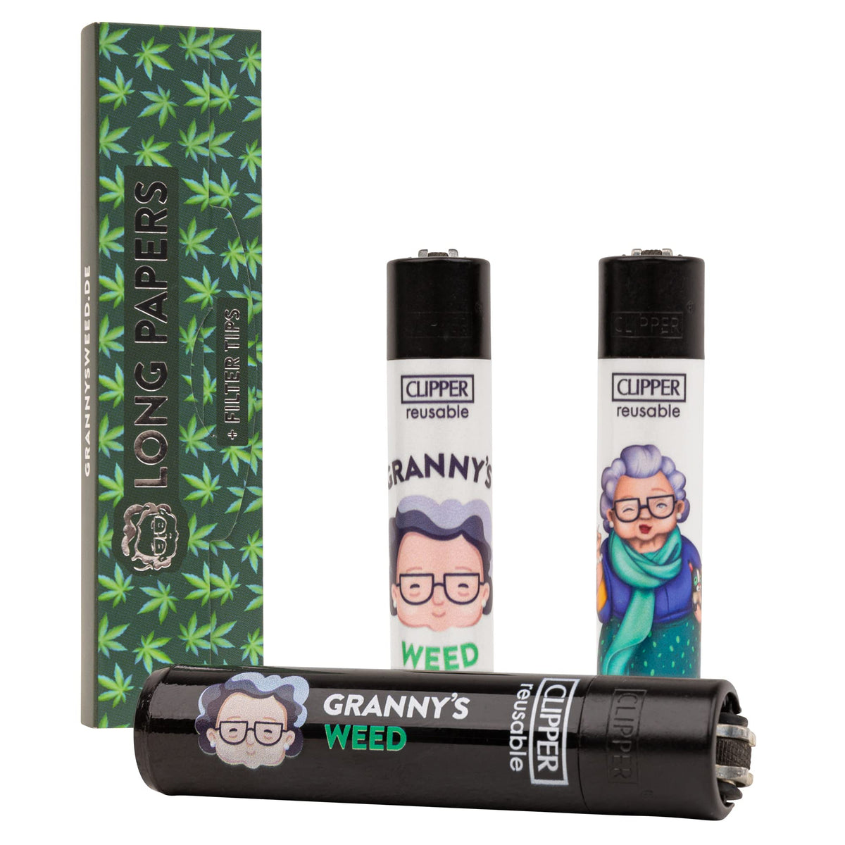 Granny's® Original Clipper Feuerzeuge Mix (3er Set) & EIN Long Papers mit Tips (36 Blättchen 108 x 45 mm und Filtertips) | Reusable Feuerzeuge | Limited Edition aus Nylon - Grannys Weed