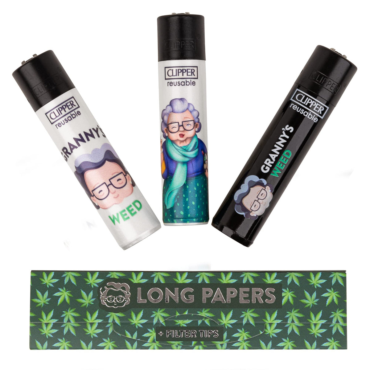 Granny's® Original Clipper Feuerzeuge Mix (3er Set) & EIN Long Papers mit Tips (36 Blättchen 108 x 45 mm und Filtertips) | Reusable Feuerzeuge | Limited Edition aus Nylon - Grannys Weed