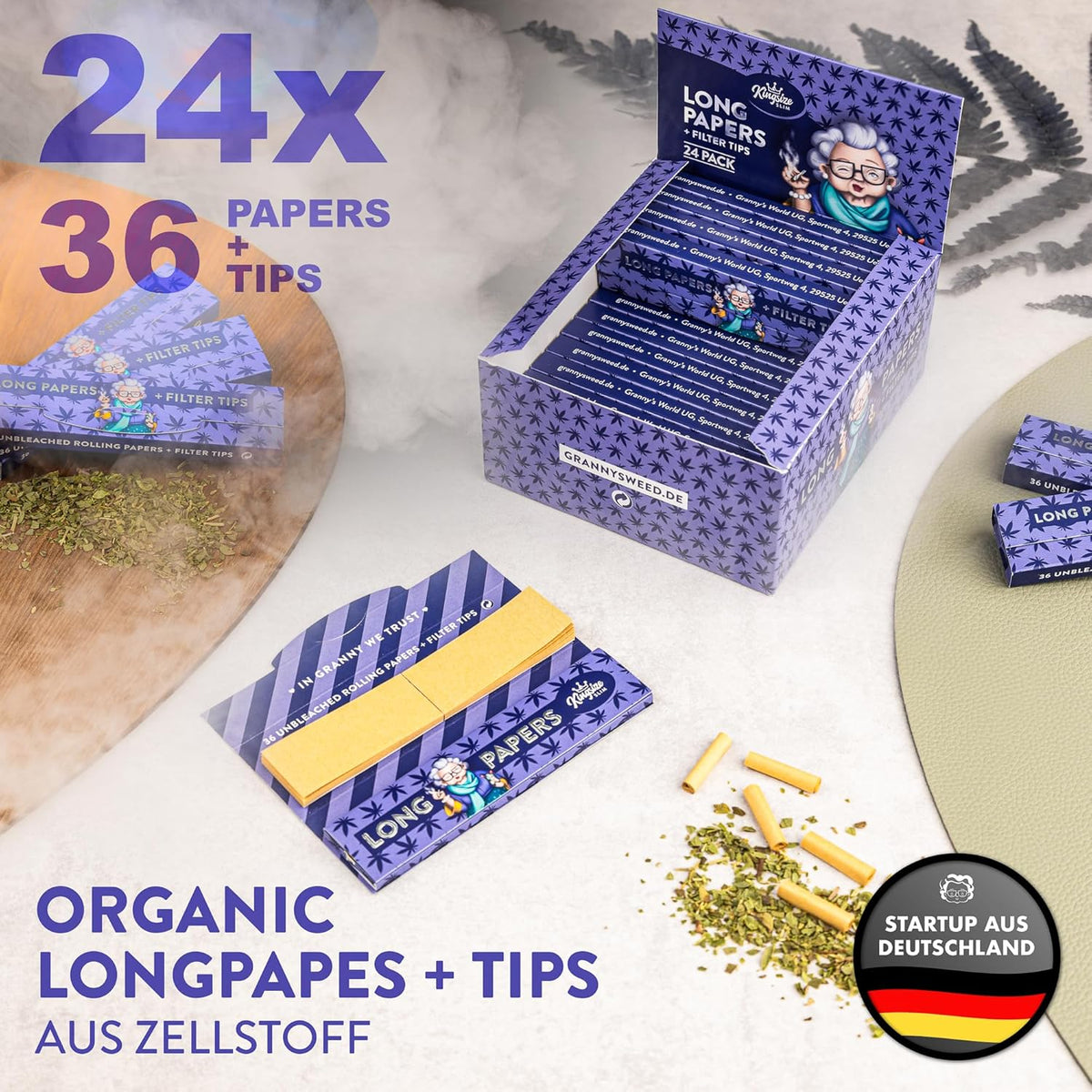 24x Granny's® new Long Papers mit Filtertips | 108 x 45 mm | King Size | 36 Blatt ungebleicht | 36 Tips | King Size | OmasRawpapers | Zellstoff Long Papers - Grannys Weed
