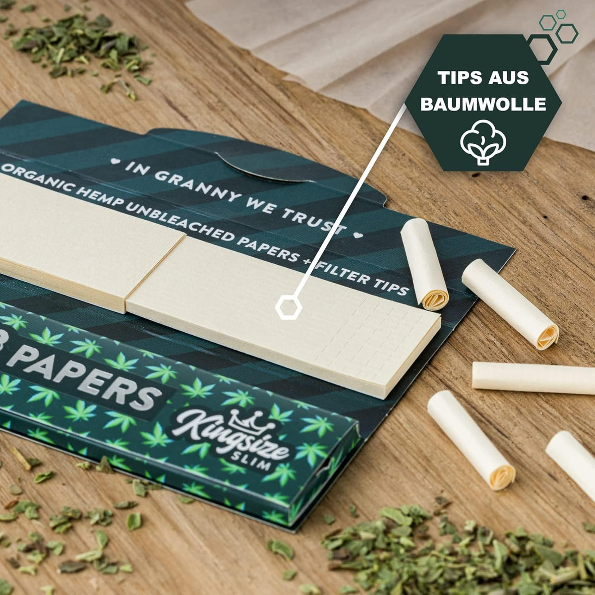 4x Granny's new Long Papers aus Hanf mit Filtertips aus Baumwolle | 108 x 45 mm | King Size | 36 Blatt ungebleicht | 36 Tips aus Baumwolle | organic hemp mit Tips - Grannys Weed