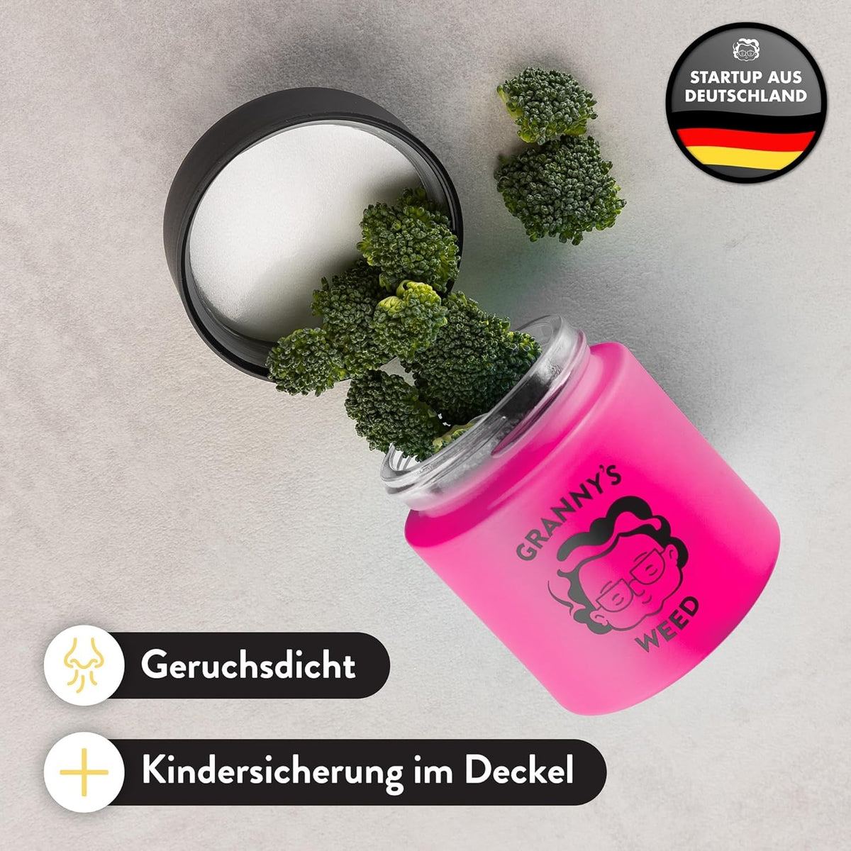 Pinkes Stash Jar mit Kindersicherung & Geruchsdichtung von Granny’s Weed