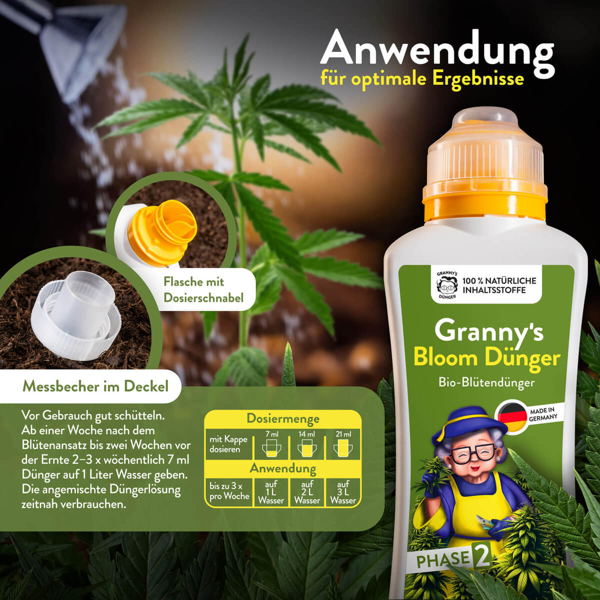 Dosierung und Anwendung des Granny’s Bloom Düngers mit Messbecher & Kappe