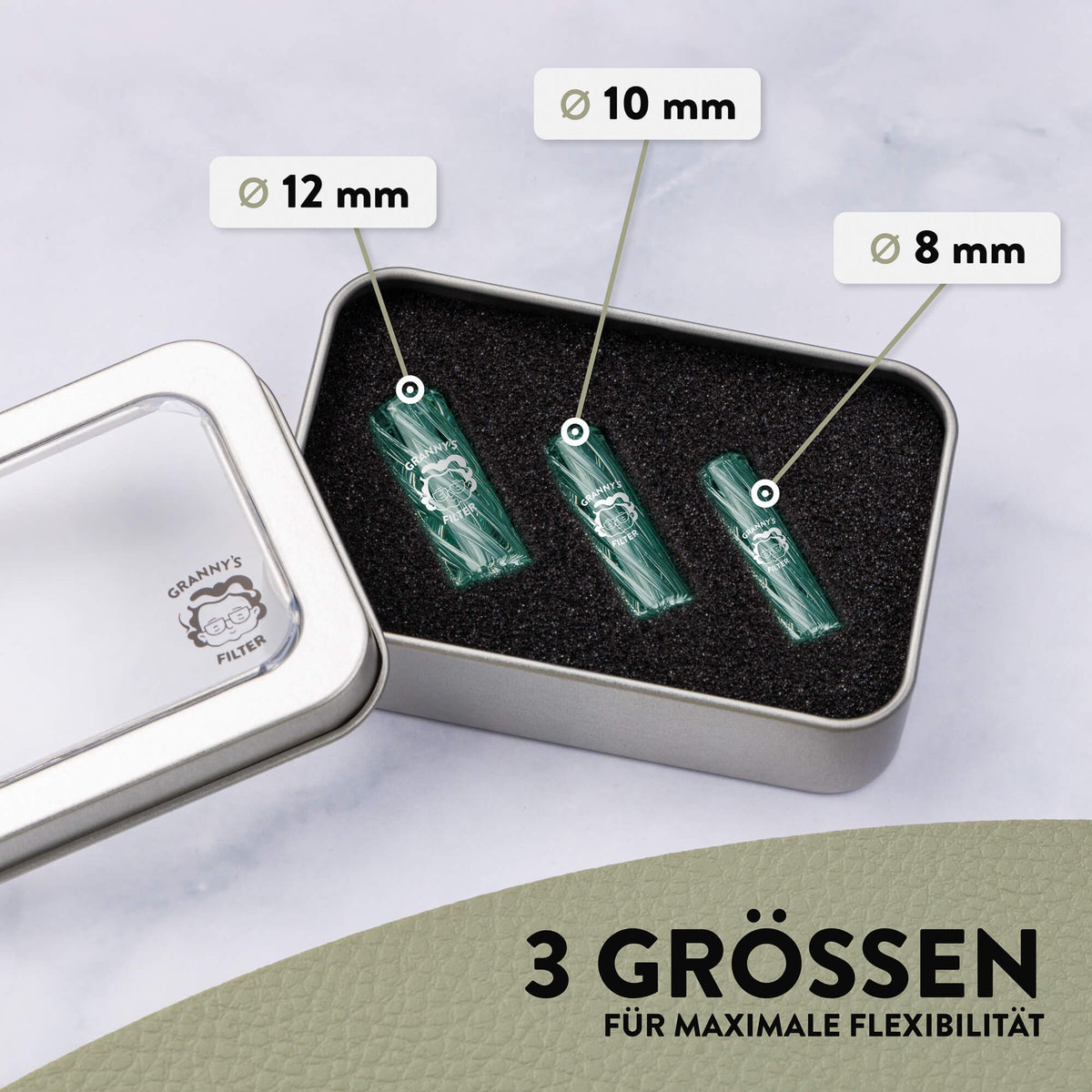 Glas Tips Filter Set 8/10/12 mm in Dunkelgrün – Set in Box