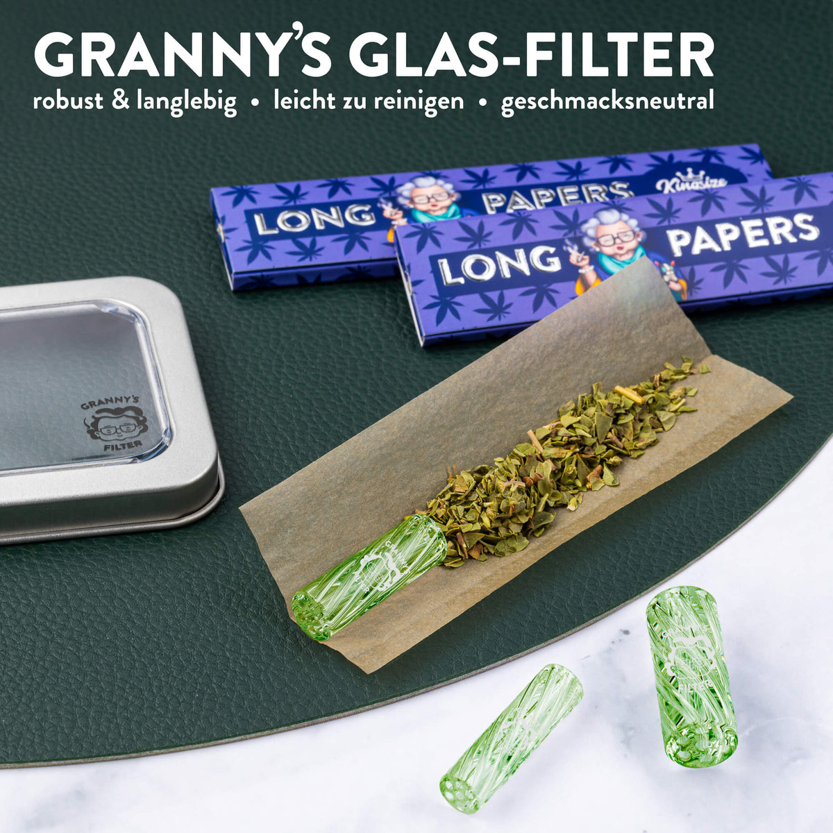 Glas Tips Filter Set 8/10/12 mm in Hellgrün – Produktfoto mit Verpackung