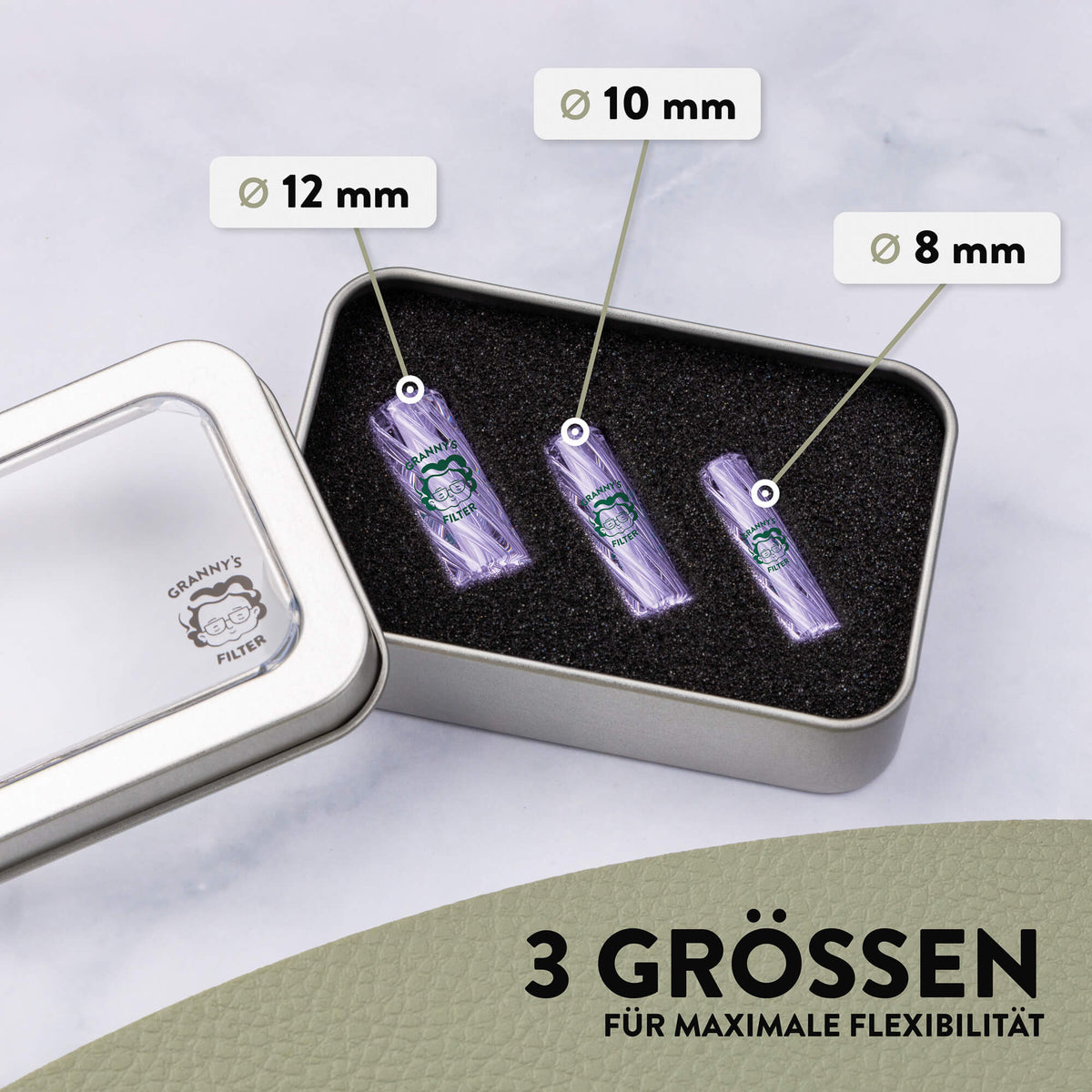 Glas Tips Filter Set 8/10/12 mm in Lila – Set in Box