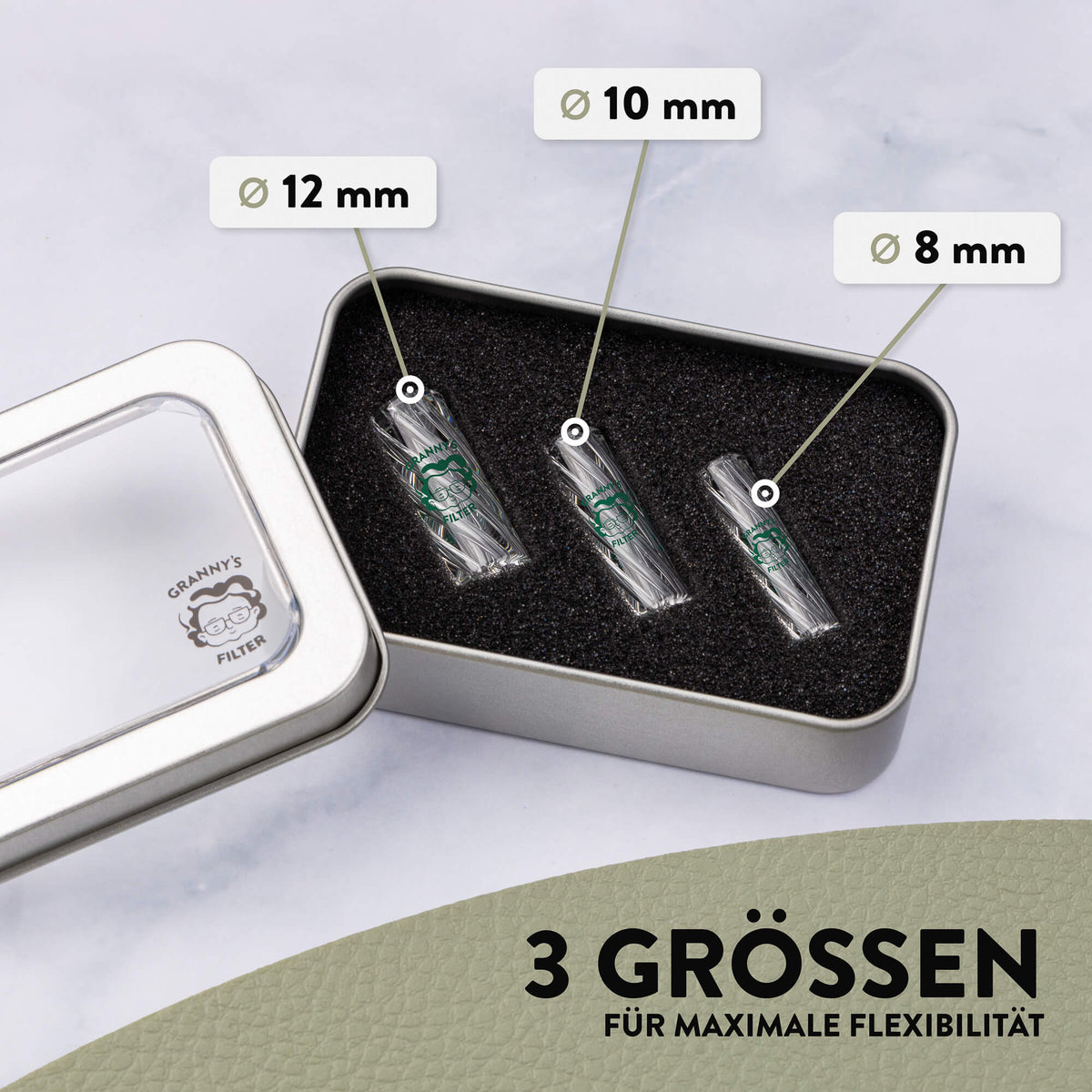 Glas Tips Filter Set 8/10/12 mm in Weiß – Set in Box