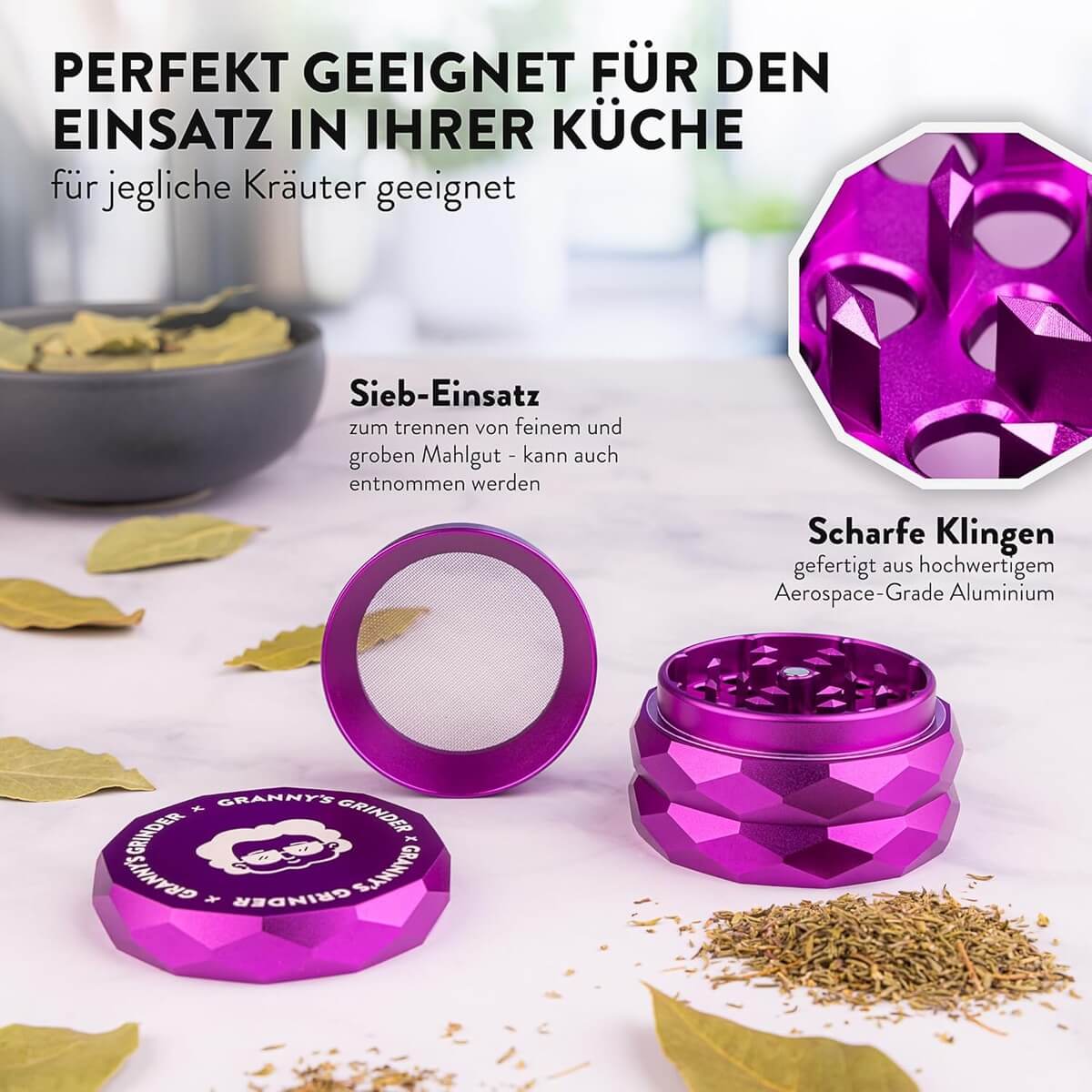 Lila Kräutergrinder mit scharfen Klingen und Siebeinsatz für die Küche
