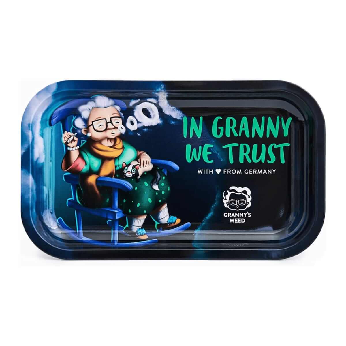 Rolling Tray Metall – Granny mit Katze auf Schaukelstuhl – blau-grün Design