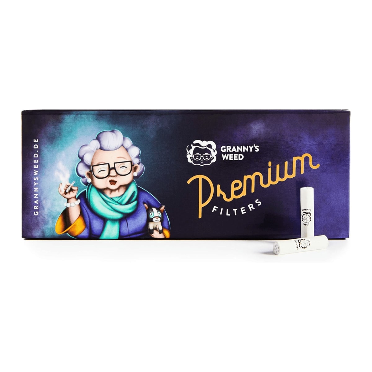 Granny’s Weed Premium Aktivkohlefilter in Weiß in hochwertiger Verpackung mit Logo