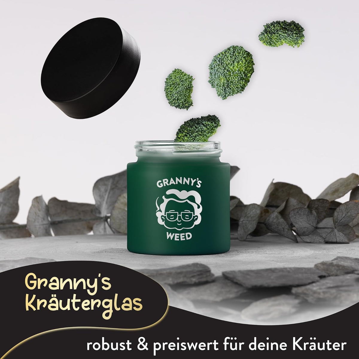 Granny’s Weed Kräuterglas gruen– luftdichtes Glas für Brokkoli & Kräuter
