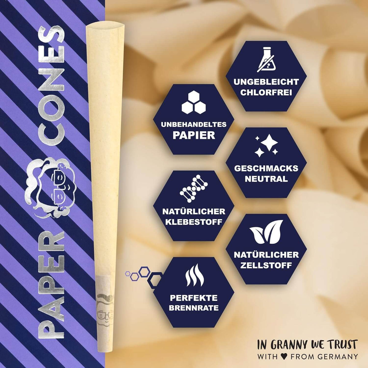Verpackung und Eigenschaften von Grannys vorgerollten Zellstoff Cones King Size