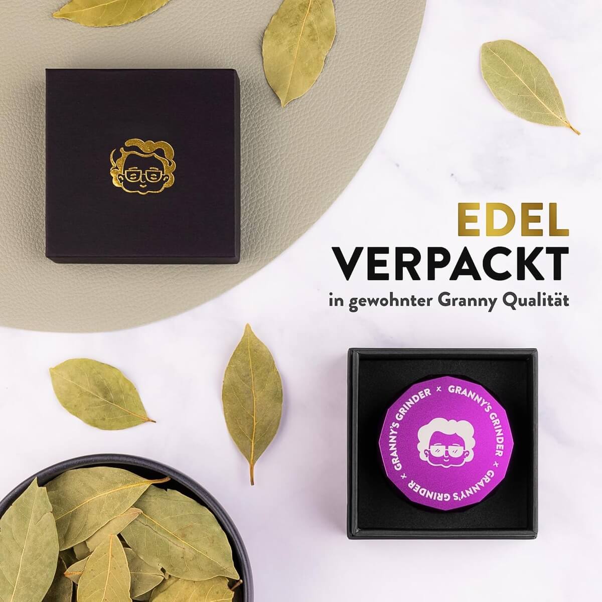 Lila Grinder edel verpackt in hochwertiger Geschenkbox mit Granny Logo