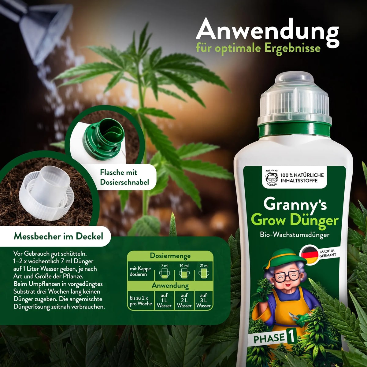 Dosierung und Anwendung des Grow Düngers mit Messbecher im Deckel (Phase 1)