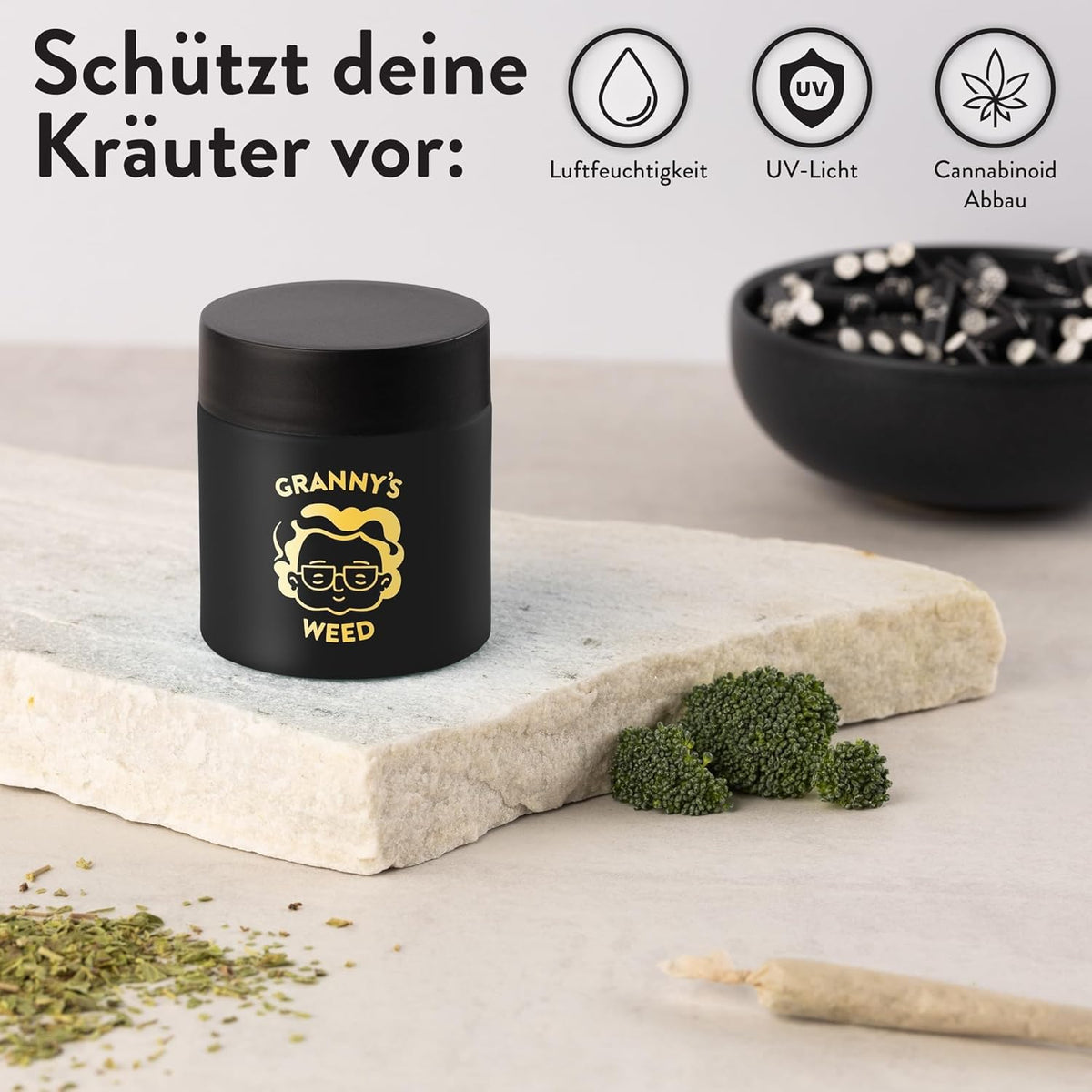 Granny’s Weed Stash Jar Schwarz – luftdichtes Aufbewahrungsglas mit UV-Schutz für Kräuter